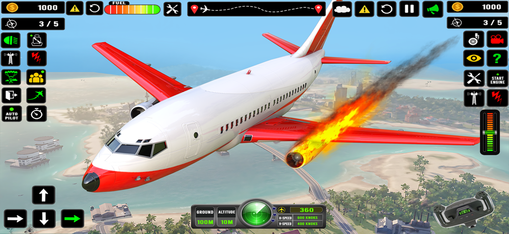 Gameplay screenshot of an airplane with a burning engine flying over a tropical island in Flight Simulator Pilot Game