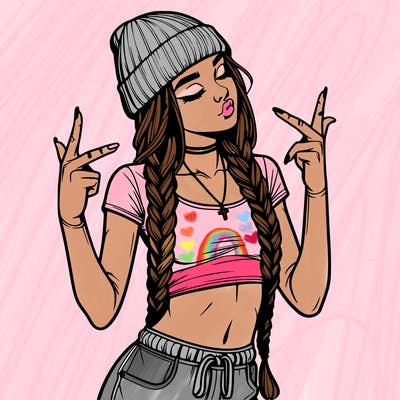 realistic teenage girl with braids and a beanie and crop top doing 🫶🏼