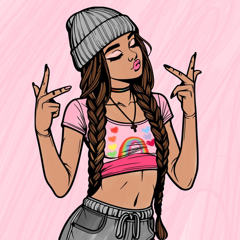 realistic teenage girl with braids and a beanie and crop top doing 🫶🏼