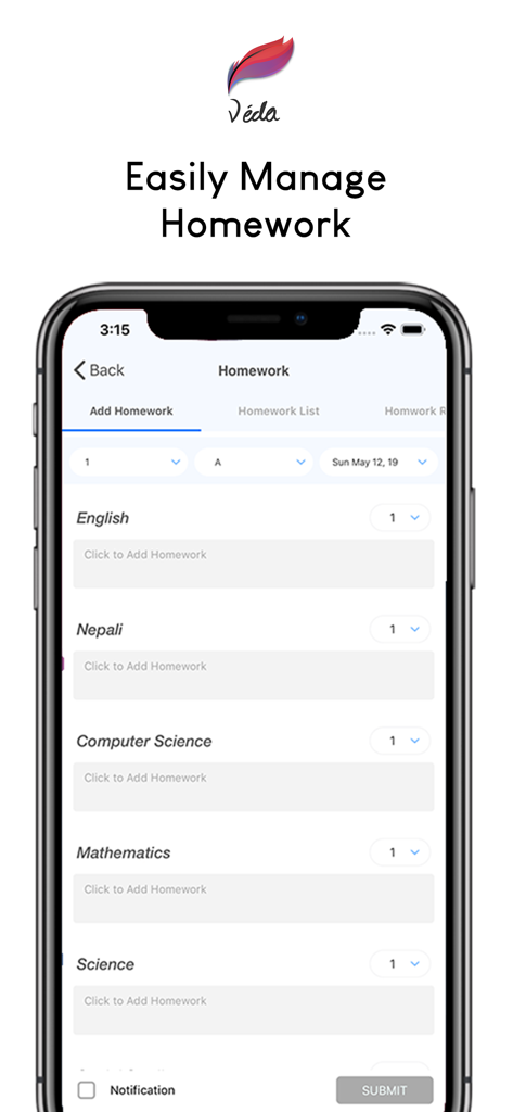 A smartphone screen showing the Veda Guru Teachers App interface for adding homework assignments for different subjects like English and Mathematics