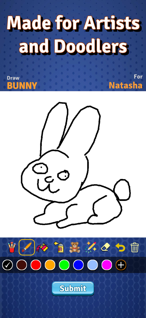 Draw With Buddies Multiplayer - Un dibujo simple de un conejo en la interfaz de la aplicación Draw With Buddies con el lema Hecho para Artistas y Dibujantes.