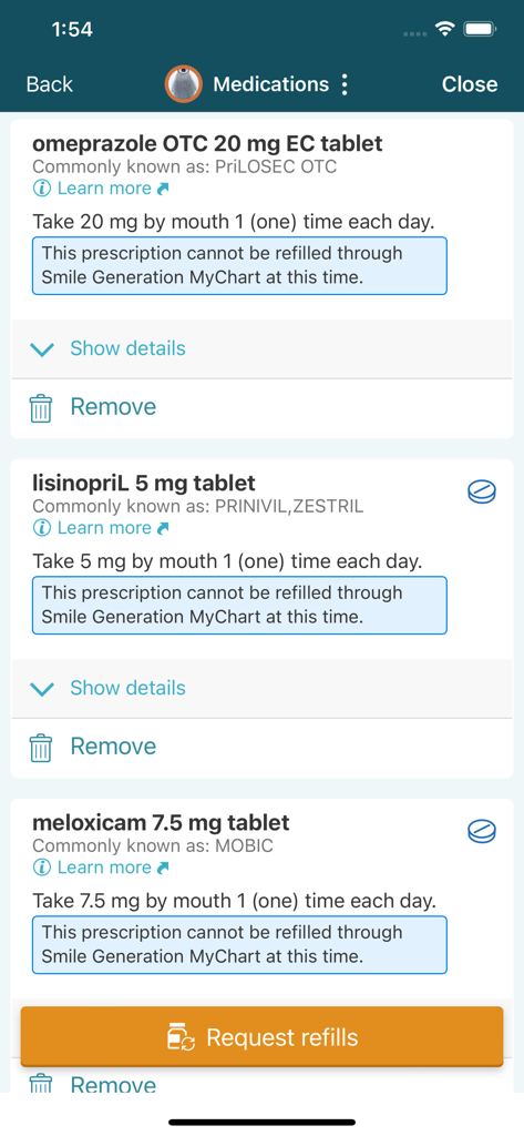 Medications screen in the Smile Generation MyChart app listing prescriptions with a request refills button