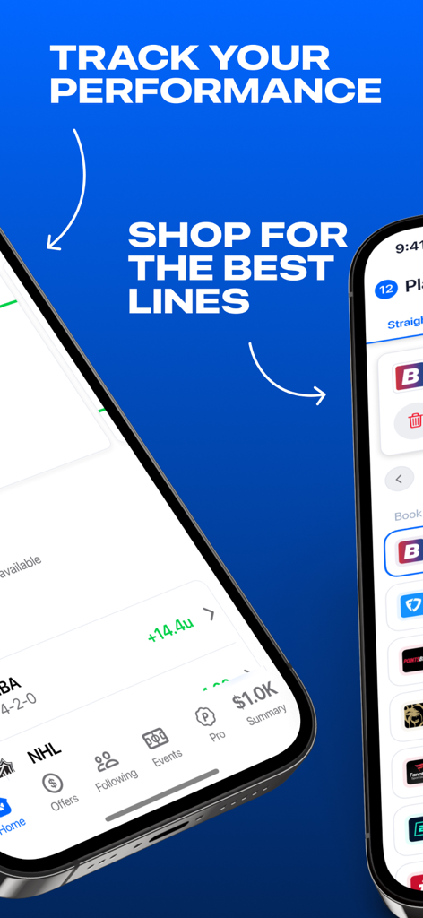 Pikkit mobile app interface displaying sports betting performance analytics and a comparison tool for sportsbook lines.