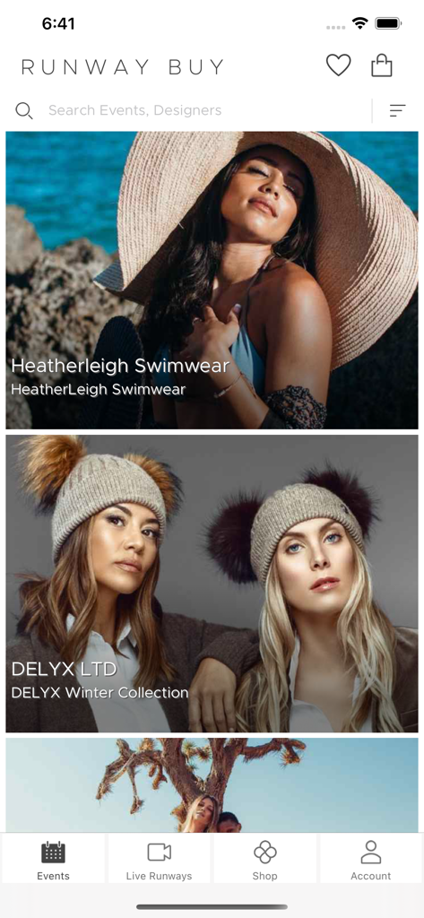 Runway Buy app interface showing a curated feed of fashion events and designer collections including swimwear and winter apparel.