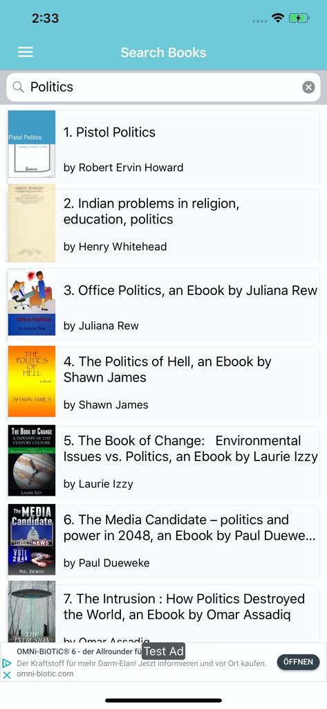 Search results for politics books in the Offline Books app showing titles and authors