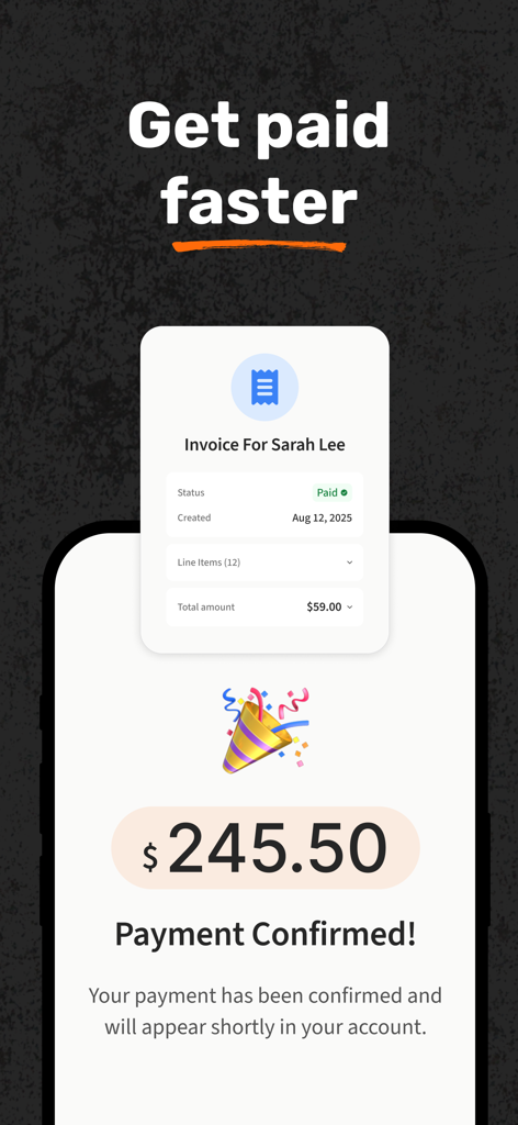 Overbooked : AI Field Service - 결제 확인 메시지와 결제 완료된 디지털 송장을 보여주는 Overbooked 앱 인터페이스