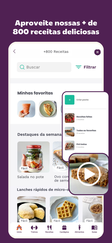 Superela: Exercícios, Receitas - Mobile app interface for Superela showing a collection of healthy recipes and meal categories for women