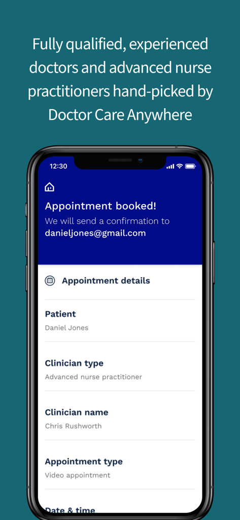 AXA Doctor At Hand - Un écran de smartphone montrant la confirmation d'un rendez-vous vidéo réservé sur l'application AXA Docteur à portée de main, y compris les détails du clinicien.