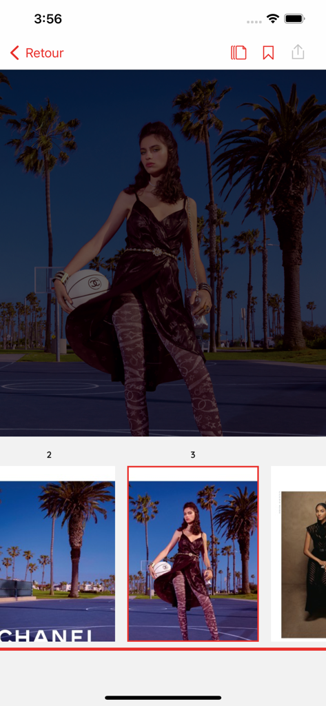 Vanity Fair Magazine France - A high fashion photography spread featuring a model on a basketball court within the Vanity Fair France mobile app interface.