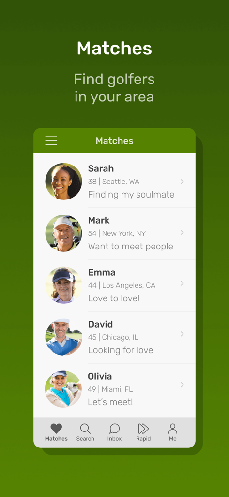 Meet Local Golfers - Screenshot of the Matches screen in the Meet Local Golfers app showing profiles of single men and women golfers.