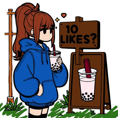 girl with oversized hoodie drinking boba and she has a high ponytail with a sign that says 10likes?