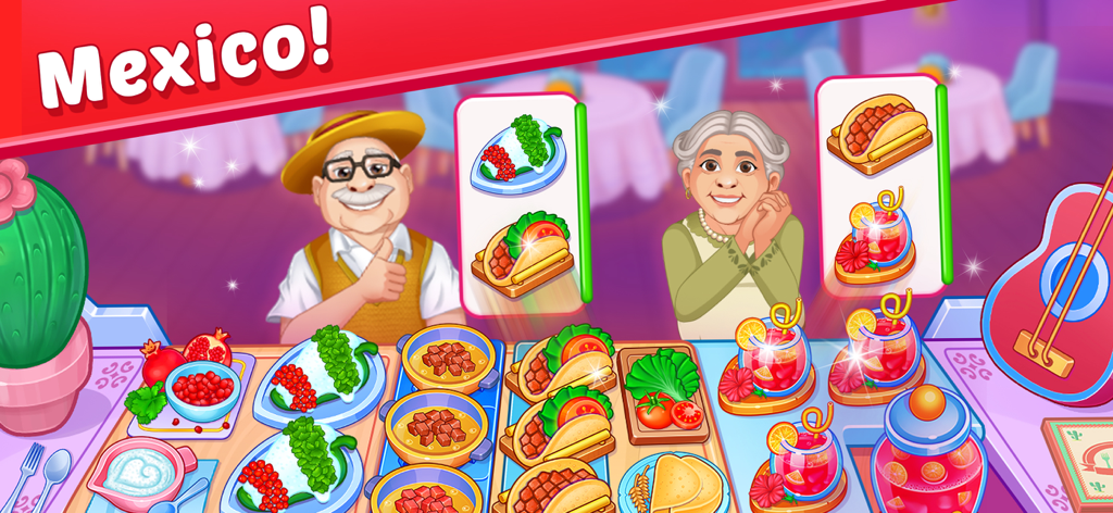 Nivel de restaurante mexicano en el juego Cooking Carnival con tacos y clientes