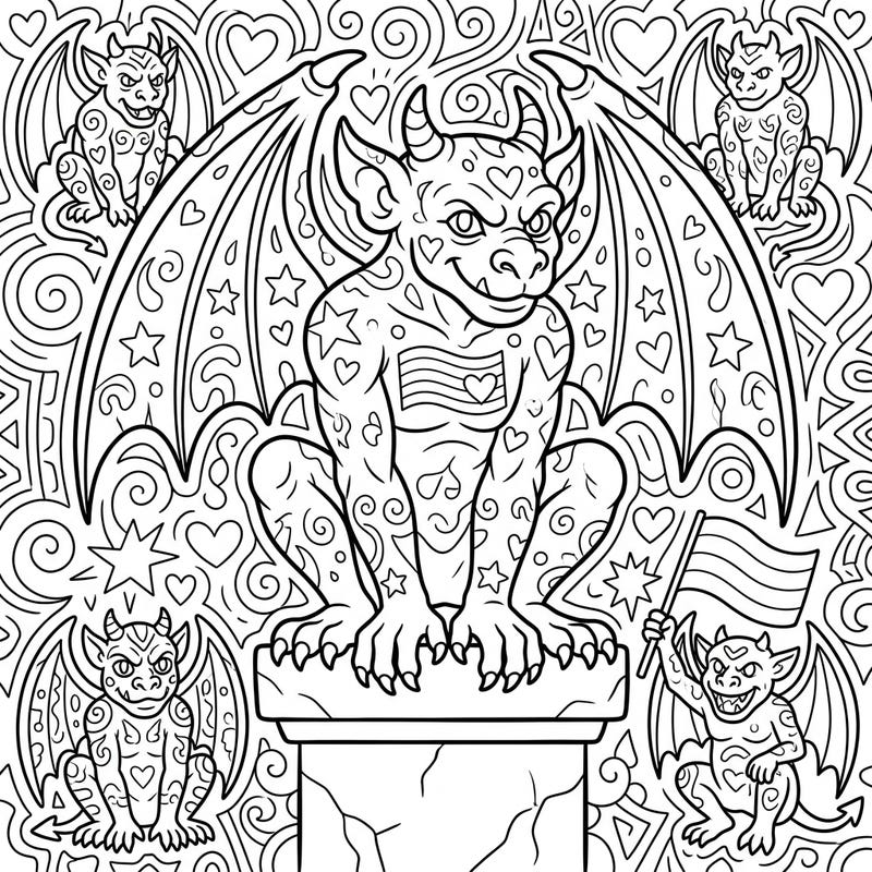 Dive into a world where ancient guardians meet modern celebration with our enchanting Gargoyles Pride coloring page. This unique design beautifully merges intricate gargoyle details with vibrant symbols of love and diversity, perfect for creative minds.