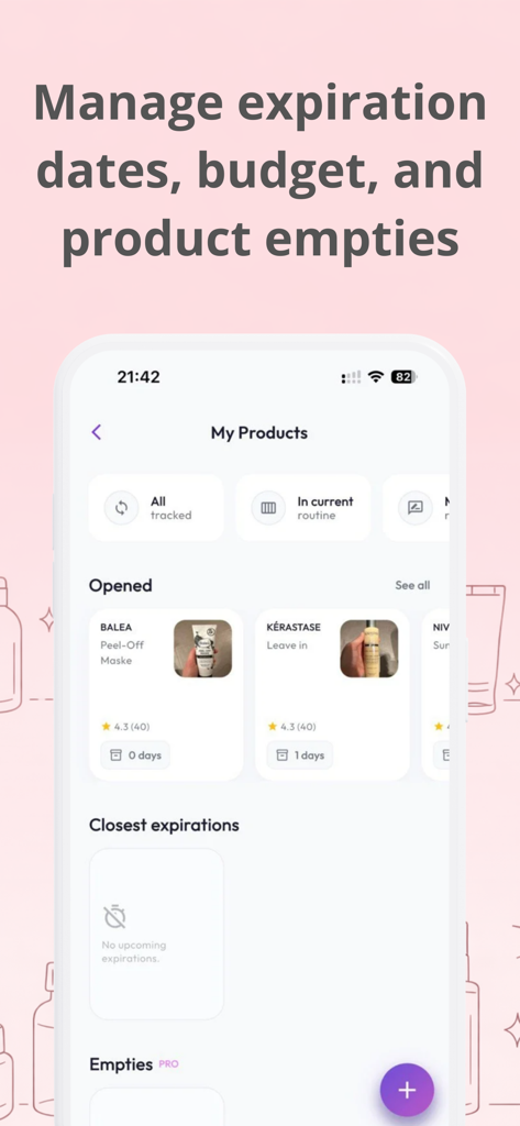 Die Benutzeroberfläche 'Meine Produkte' in der GlowUp-App, die zur Verfolgung von Hautpflege-Verfallsdaten und des Produktbestands verwendet wird
