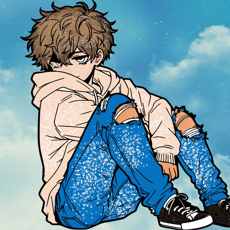 a male hoddie ripped jeans messy hair anime