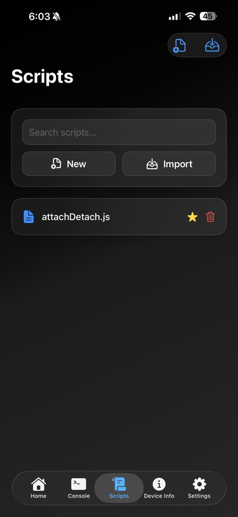 Tela de gerenciamento de scripts do StikDebug mostrando uma lista de scripts de depuração personalizados com opções para pesquisar, criar e importar arquivos.