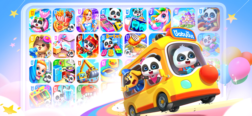 Baby Panda World - BabyBus - Personaggi di panda su un autobus giallo circondati da una griglia di varie icone di giochi educativi per bambini