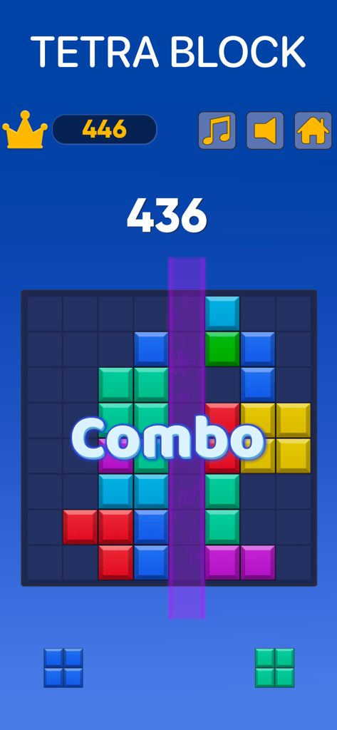 Offline Games no wifi internet - Una captura de pantalla del juego de puzzles Tetra Block que muestra un combo con bloques coloridos sobre un fondo azul.