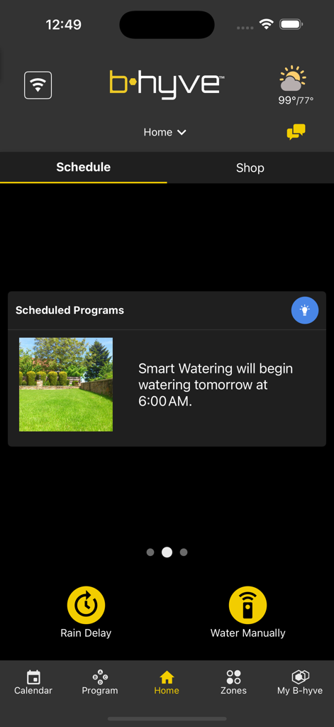 B-hyve app home screen showing smart watering scheduled for tomorrow at 6 am
