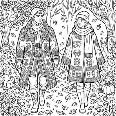 Step into a magical autumn world with this unique coloring page featuring two figures adorned in magnificent mythological outerwear. Discover intricate designs inspired by ancient Greek, Norse, and Egyptian legends as you bring this enchanting fall forest scene to life.