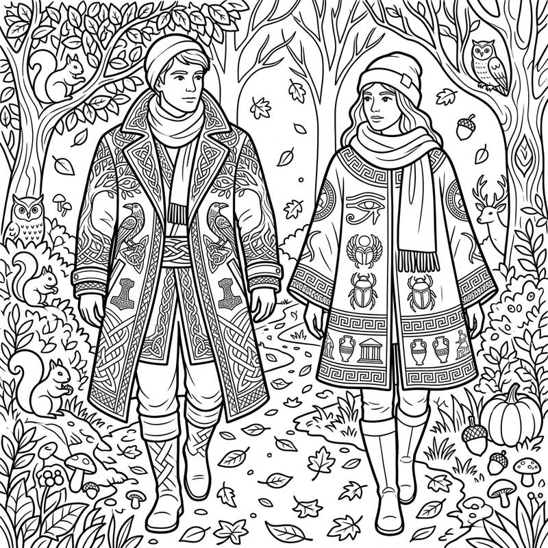 Step into a magical autumn world with this unique coloring page featuring two figures adorned in magnificent mythological outerwear. Discover intricate designs inspired by ancient Greek, Norse, and Egyptian legends as you bring this enchanting fall forest scene to life.