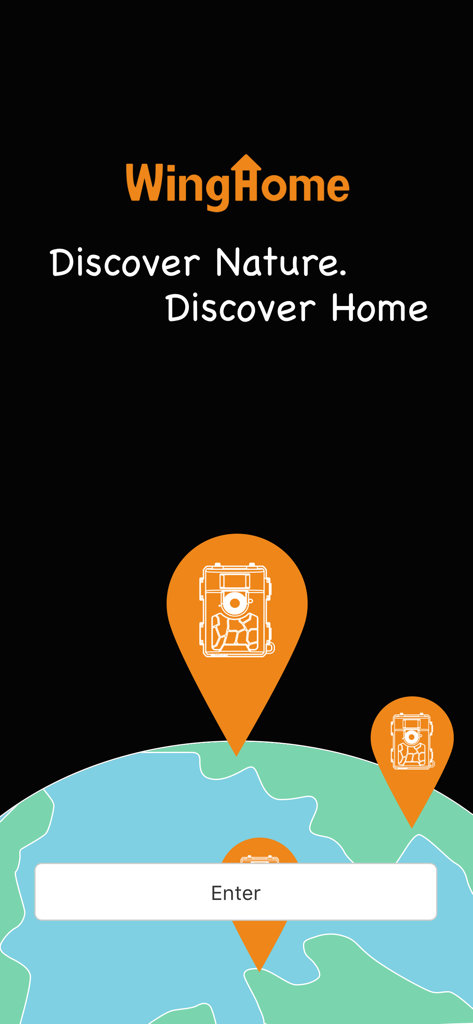 WingHomeCam: 4G Tra - WingHomeCam welcome screen showing trail camera icons on a globe with an enter button