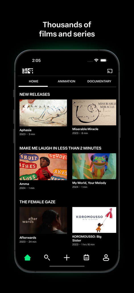 NFB Films app interface displaying various movie collections and categories