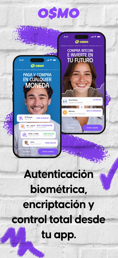 Osmo Money - Osmo Money app interface on two iPhones showing multi-currency transactions and Bitcoin investment features.