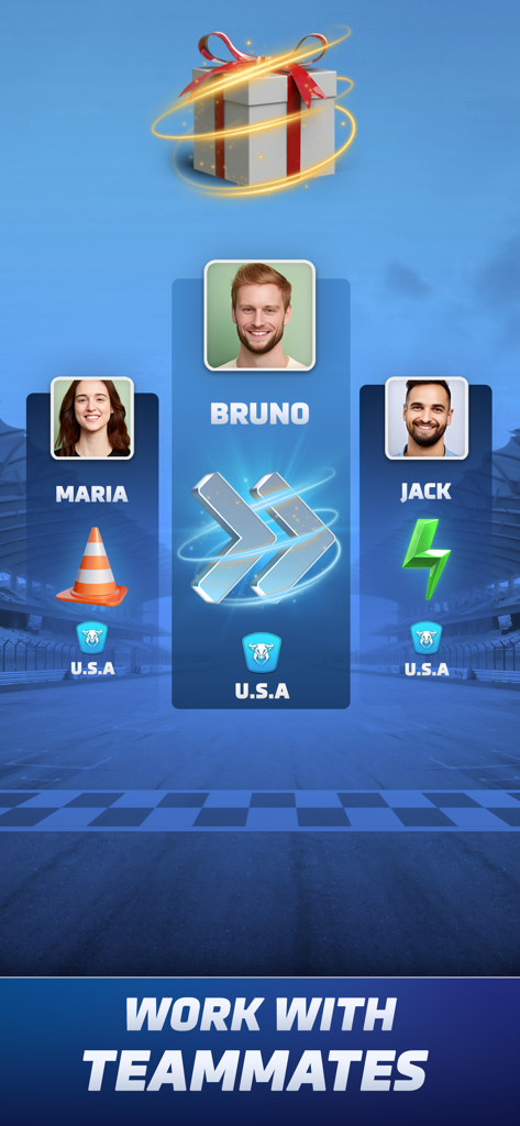 Three team members sharing boosts and rewards on a racing track in Racing Rivals