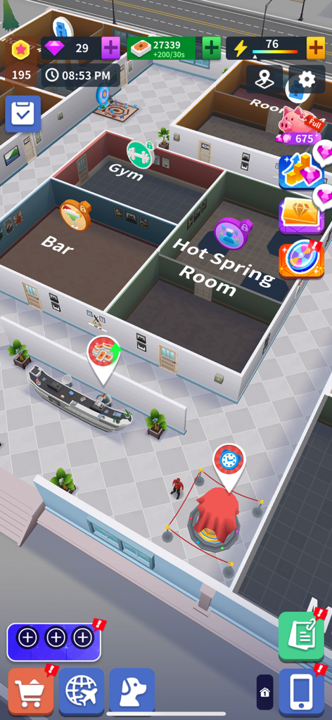 Building interior view showing gym bar and hot spring rooms in Idle Landlord Sim