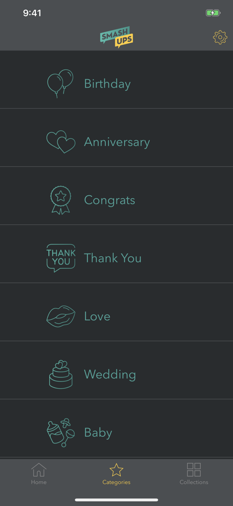 Interfaz de la aplicación SmashUps que muestra varias categorías de saludos como Cumpleaños y Aniversario.