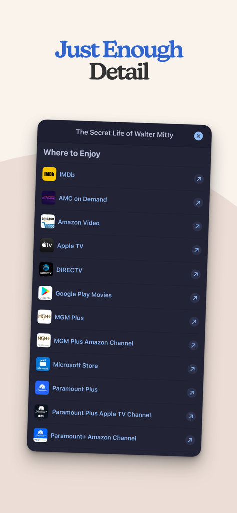 Sofa: Downtime Organizer - A list of streaming platforms like Apple TV and Amazon Video for a movie in the Sofa app.