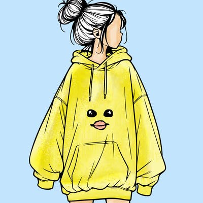 realistic girl with a oversized sweatshirt on and a bun
