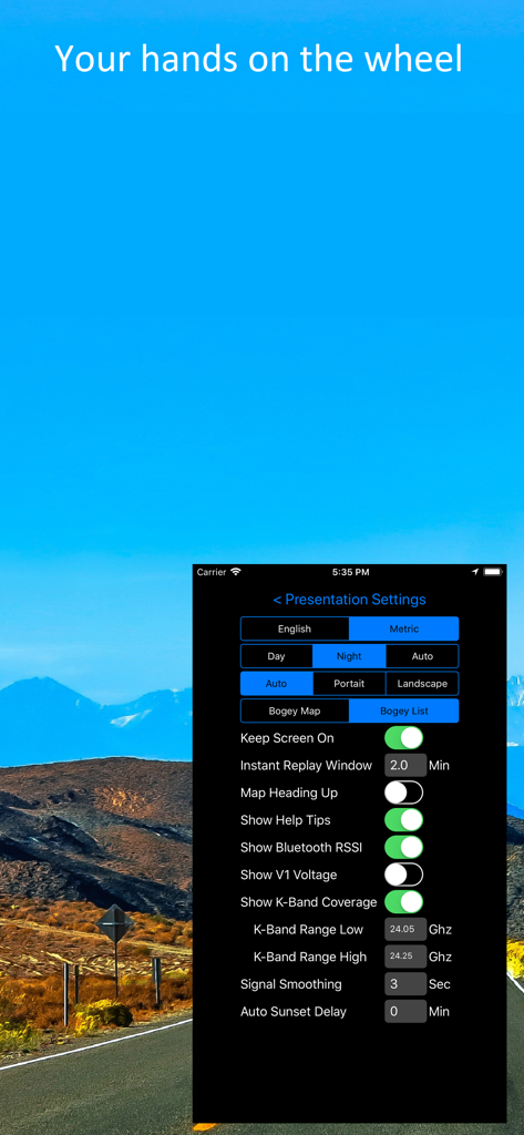 V1Driver - V1Driver app presentation settings screen showing customization options for display units and radar detector frequency bands.