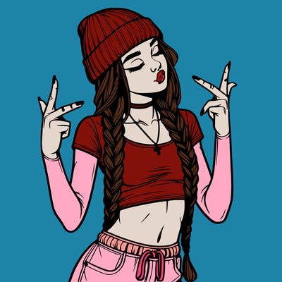 realistic teenage girl with braids and a beanie and crop top doing 🫶🏼