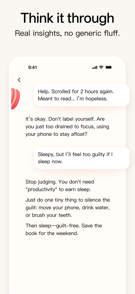 Macaron AI - life tool maker - Capture d'écran de l'interface de chat Macaron AI offrant des conseils de productivité non jugeants et un soutien émotionnel.