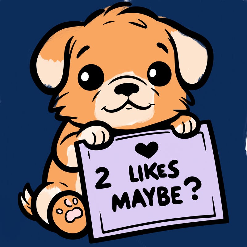 a puppy holding a sign that says 2 likes maybe?