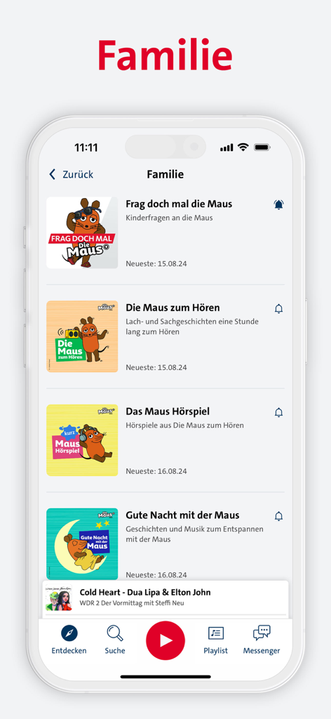 WDR 2 app family category showing audio content and podcasts featuring Die Maus for children