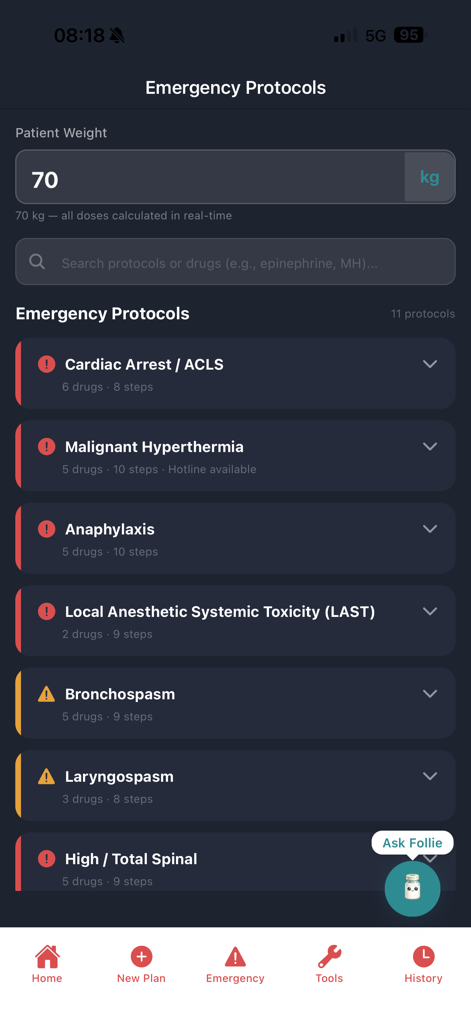 Follie - Anesthesia Assistant - Emergency protocols screen in the Follie anesthesia assistant app