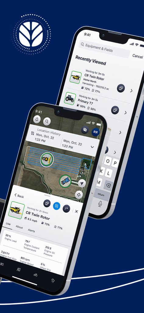 New Holland FieldOps™ - Aplicativo móvel New Holland FieldOps mostrando dados de máquinas ao vivo e rastreamento de equipamentos de campo.