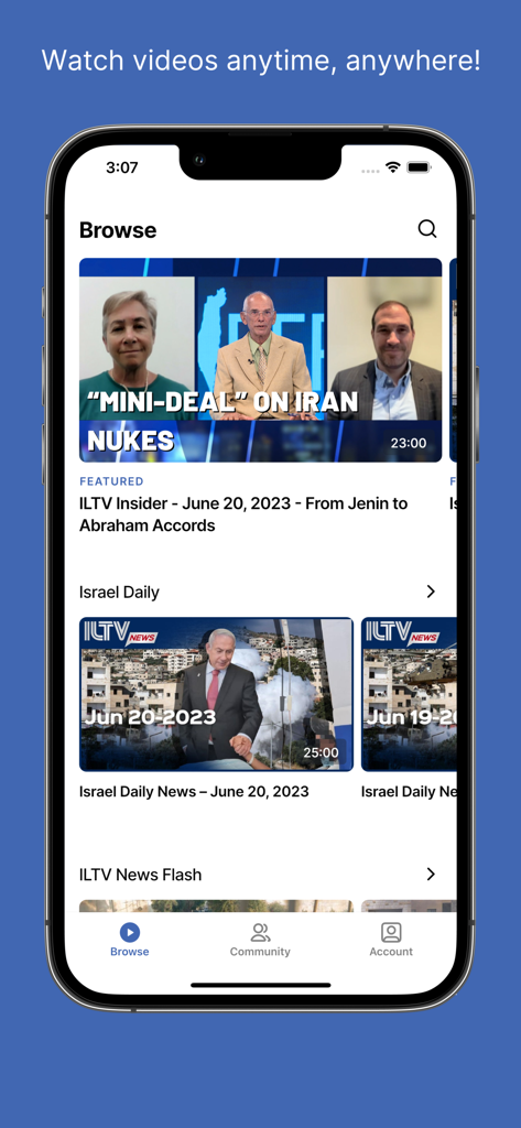 ILTV News - Ein mobiler Screenshot der ILTV News App, der einen Durchsuchungsbereich mit Videokategorien zeigt, darunter Israel Daily Nachrichten und Feature-Stories.