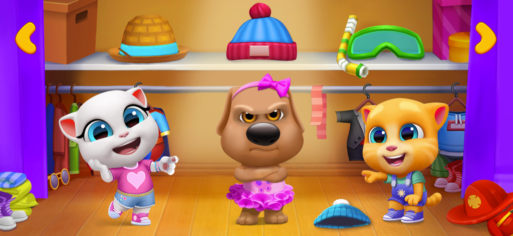 トーキング・トム・フレンズのキャラクターであるアンジェラとジンジャーが、カラフルなクローゼットで楽しい衣装やアクセサリーを使って着せ替え遊びをしている