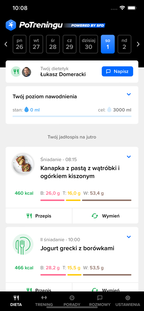 Écran de l'application PoTreningu affichant l'interface du plan de nutrition avec comptage des calories et suivi des macronutriments pour les repas programmés