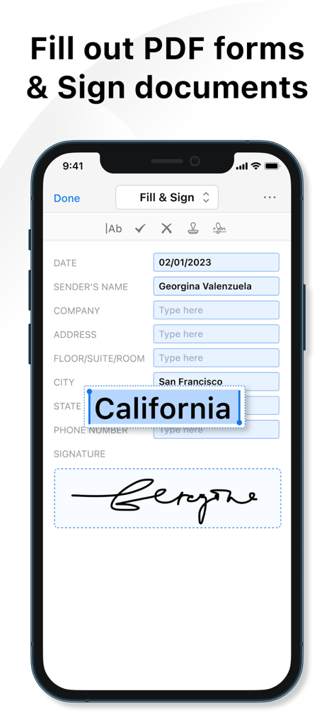 PDF Gear App-Oberfläche, die zeigt, wie ein Benutzer ein PDF-Formular ausfüllt und eine Signatur auf einem iPhone hinzufügt