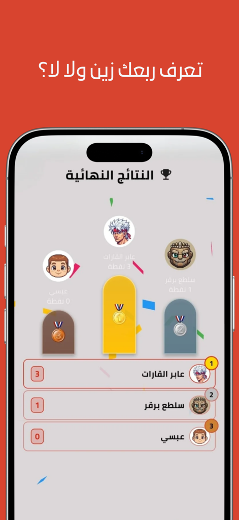 Pantalla de resultados finales del juego de fiesta árabe mostrando la clasificación y los puntos de los jugadores en un podio.