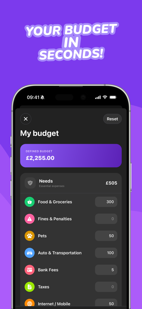 Trya - Budget Planner & Money - Trya app screen displaying a personalized budget with categorized spending envelopes