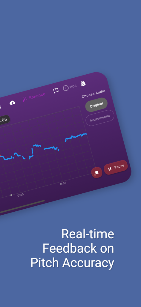 Pitchy - Sing On Pitch - Real-time pitch accuracy feedback graph shown on a smartphone screen in the Pitchy app