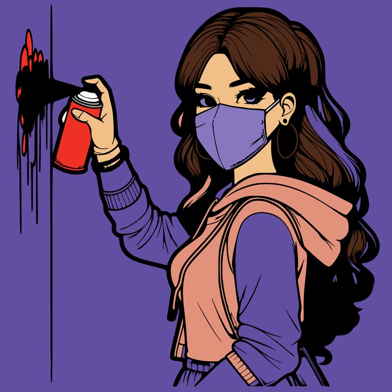 realistic girl with mask spray painting a wall