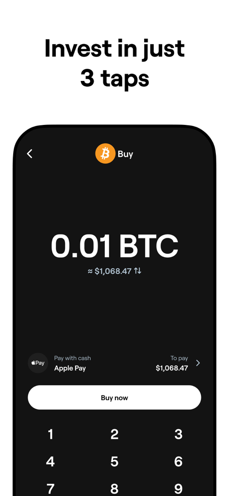 xPortal mobile app interface showing a user buying Bitcoin with Apple Pay