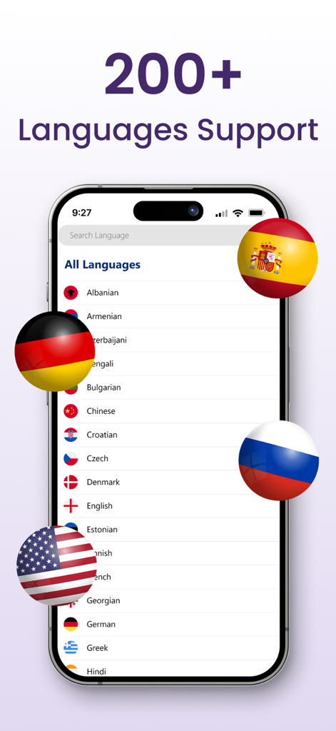 Oberfläche der Text Scanner OCR-App, die Unterstützung für über 200 Sprachen mit einer Liste und Flaggen-Icons anzeigt